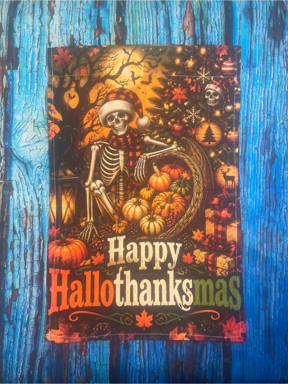 Happy Hallothanksmas Holiday Decorative Flag - Orange, Black